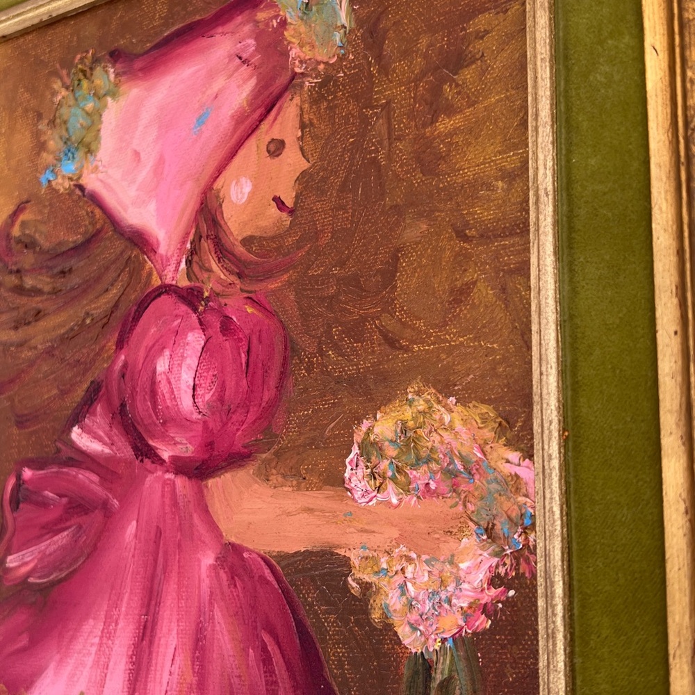 Vintage Italy Signed Oil Painting Gold Gilt Green Velvet Frame Girl W Flowers - Picture 11 of 16